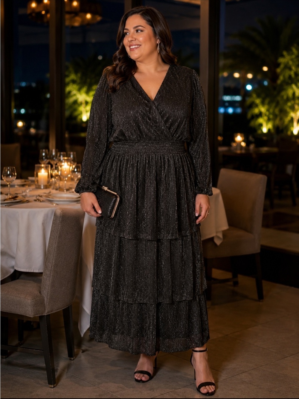 Polagram Black Metallic V-Neck Tiered Midi Dress